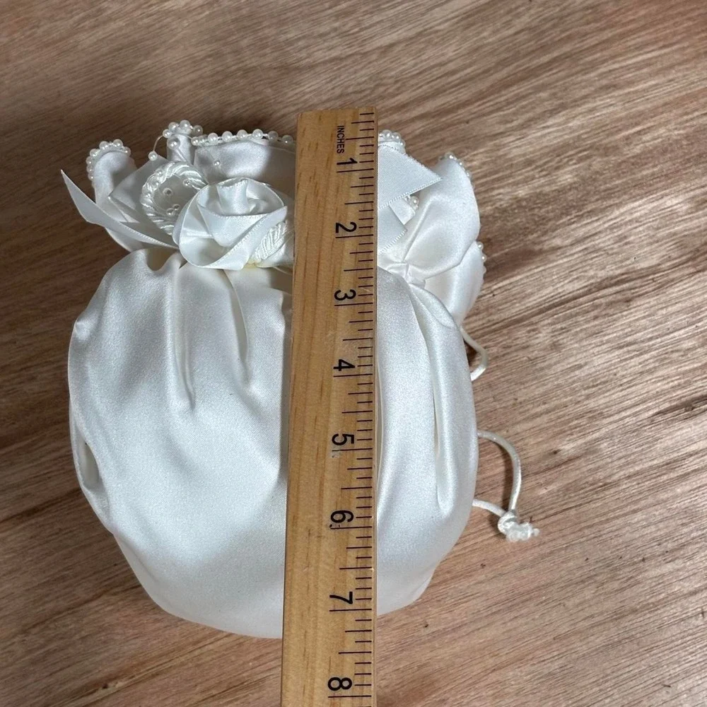 Beverly Clark Collection Tea Rose Bridal Pouch White Satin Pearl Drawstring Bag